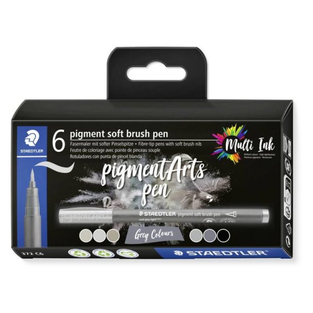 Staedtler Brush pens - Pigment arts st - soft assorteret farver - gr/sort - 6 stk.